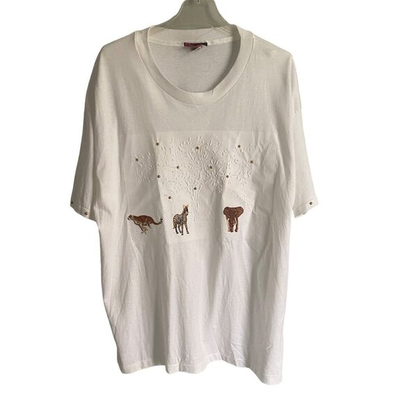 P.G.B. White Top with Animals Zebra, Giraffe, Cheetah, Gold Studs Women's 1X - Picture 2 of 12